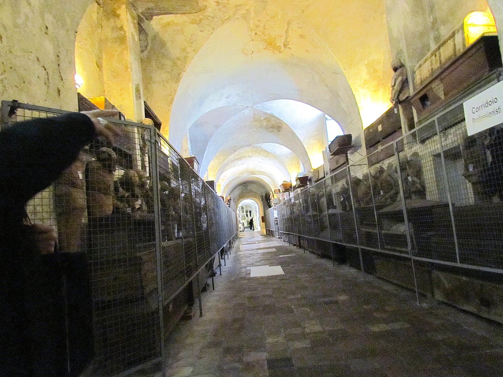 The Corridoio Professionisti in the Capuchin Catacombs, a long vaulted passage with a stone floor and wire-mesh screens along both sides, lit warmly from within