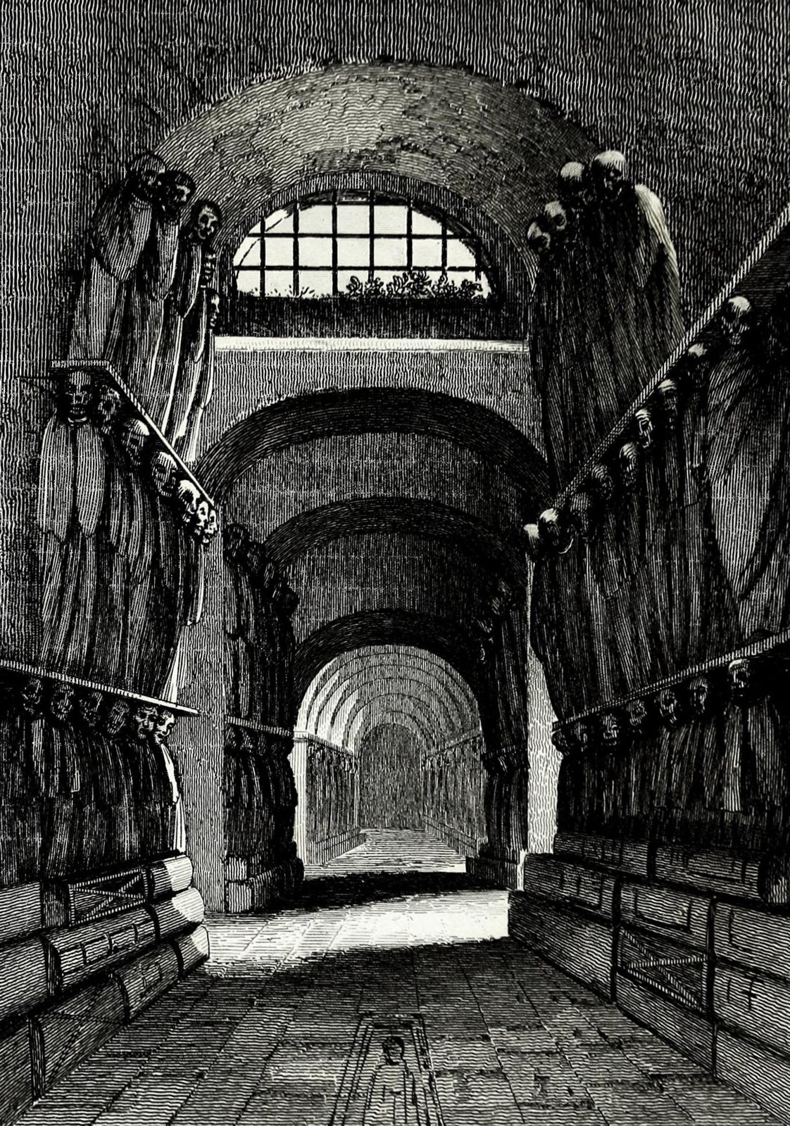 A black-and-white etching of a long vaulted corridor with hooded, robed bodies hung in rows along both walls and a small figure drawn on the floor in the foreground
