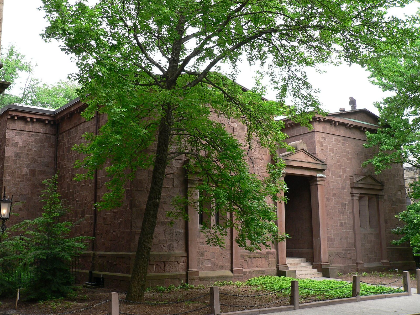 The windowless brown sandstone Skull and Bones tomb at Yale, seen from an angle beneath a large green tree