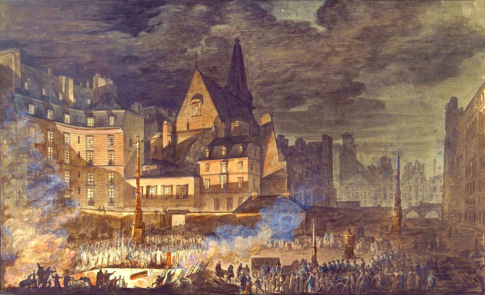 A night scene in colour of the Saints-Innocents cemetery in Paris, with a procession and torches among the carts and crowd in front of the church