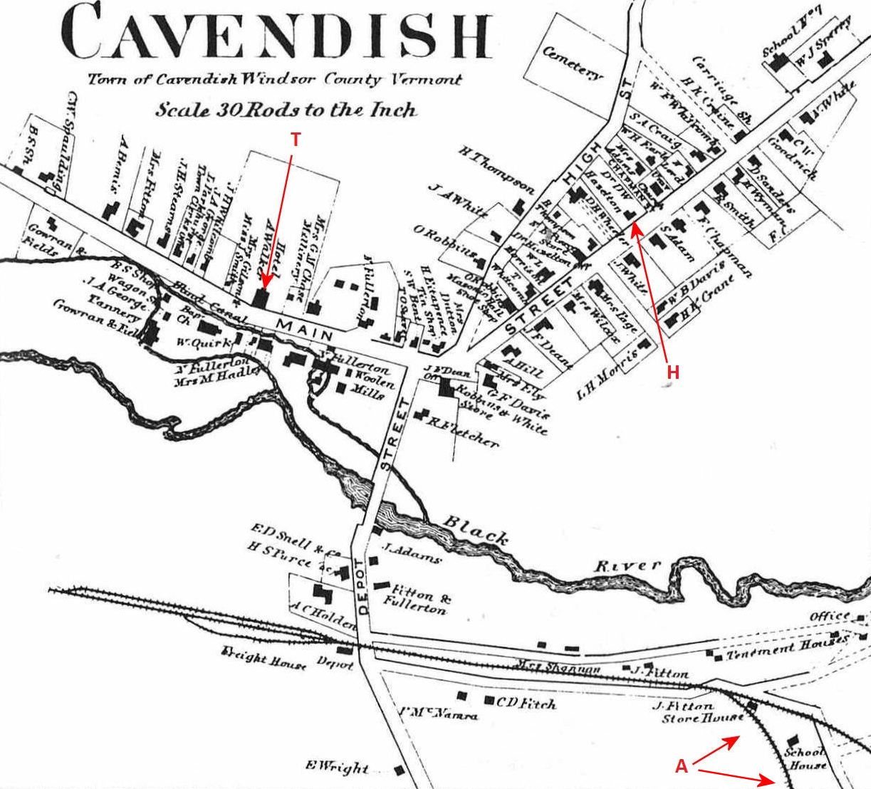 A black and white 1869 map of the village of Cavendish, Vermont, showing Main Street, High Street, the Black River and the railroad, with red arrows marked T, H and A