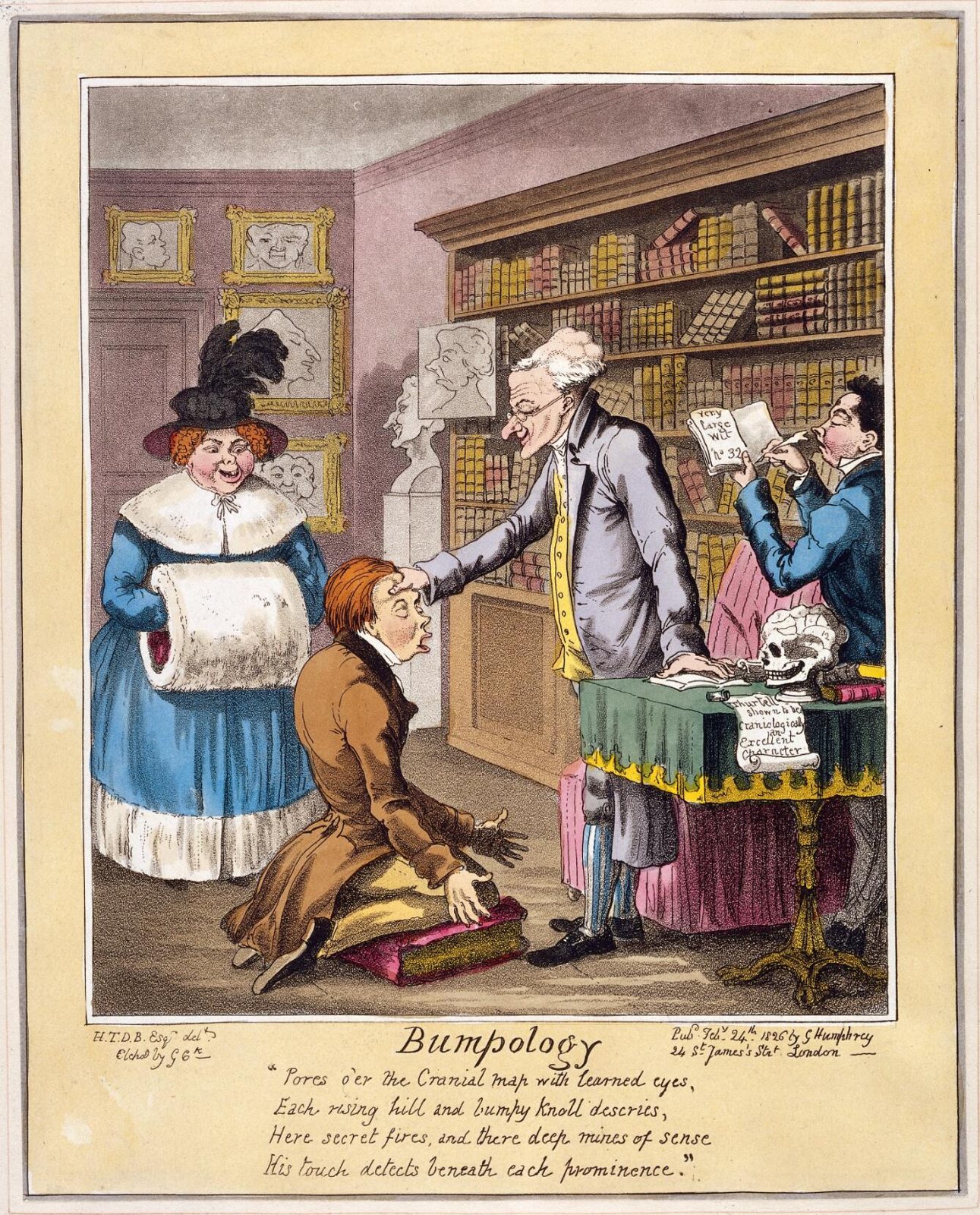 A hand-coloured satirical print: a phrenologist rests his hand on the head of a kneeling young man while a clerk writes a reading, a woman in a plumed hat watches and a marked skull sits on the table