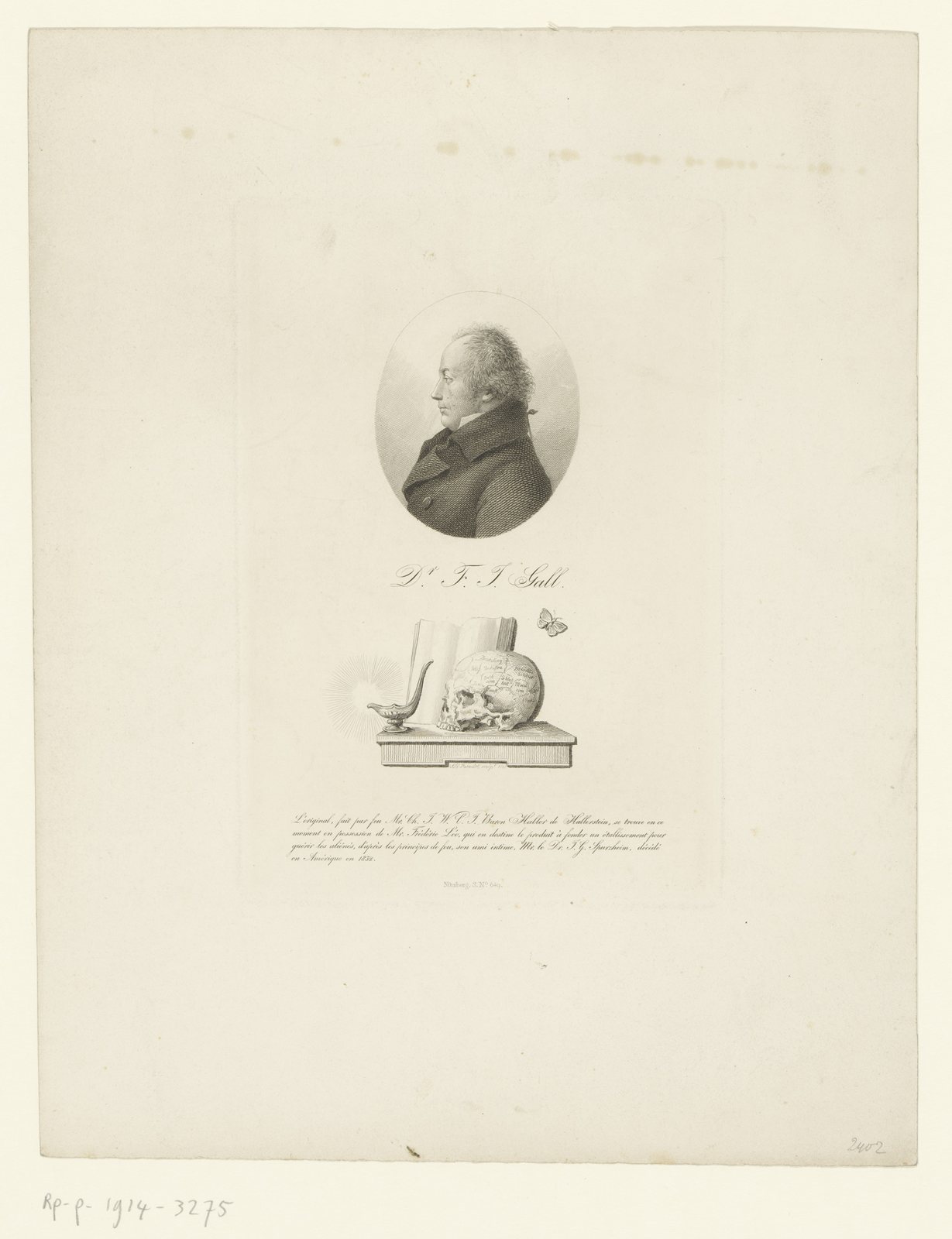 An engraved oval portrait of Franz Joseph Gall in profile, above a small still life of a skull marked with labelled regions, an open book, an oil lamp and a butterfly