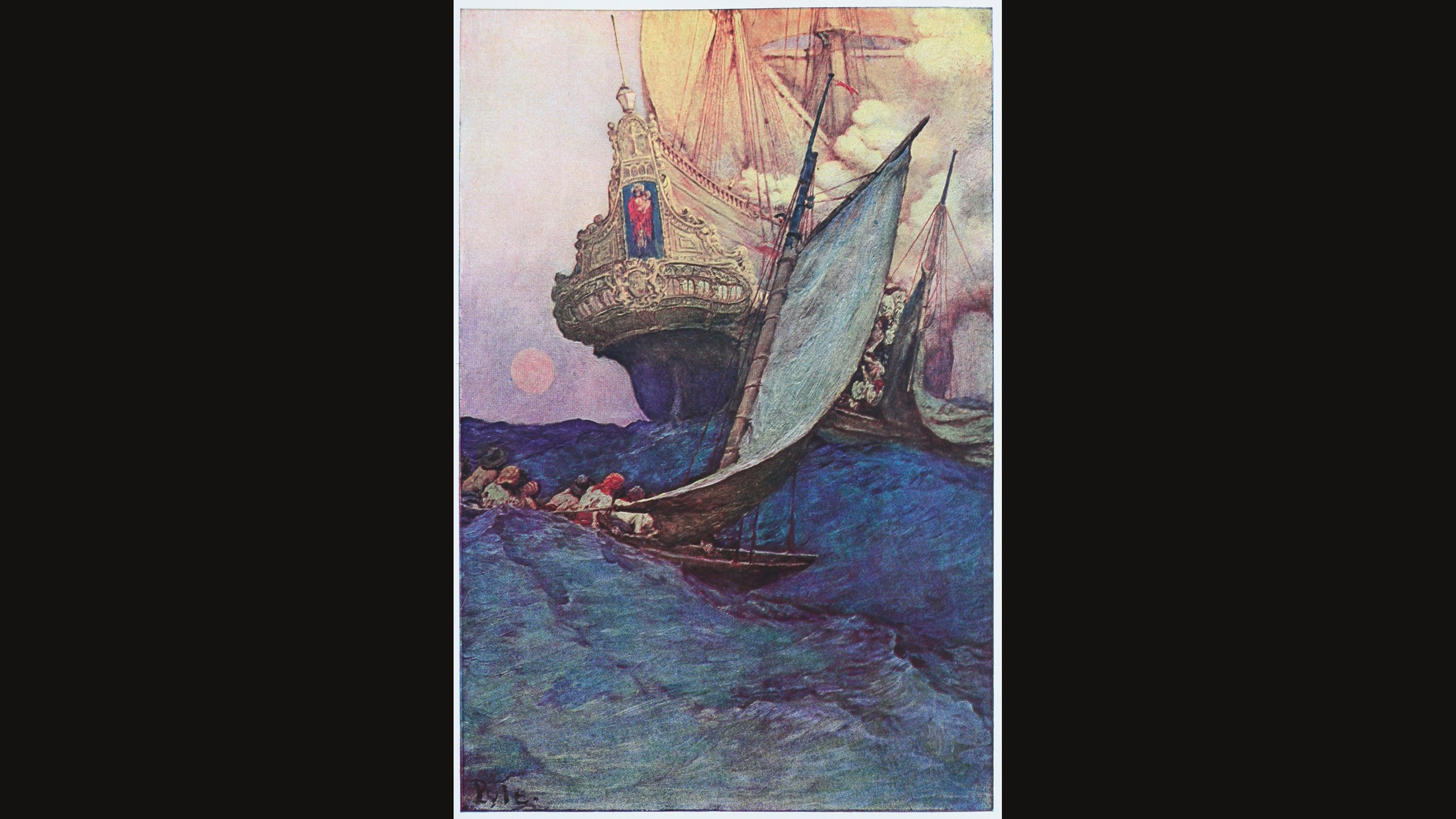A painting of a small sailing boat with a pale sail crossing blue waves toward the carved golden stern of a large galleon, with a pink sun low in the sky