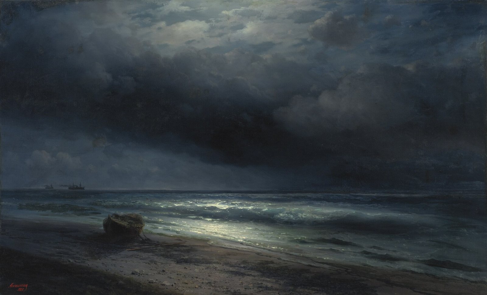 A painting of moonlight breaking through dark storm clouds over a rough sea, silvering the waves, with a small boat on the shore and two ships far out
