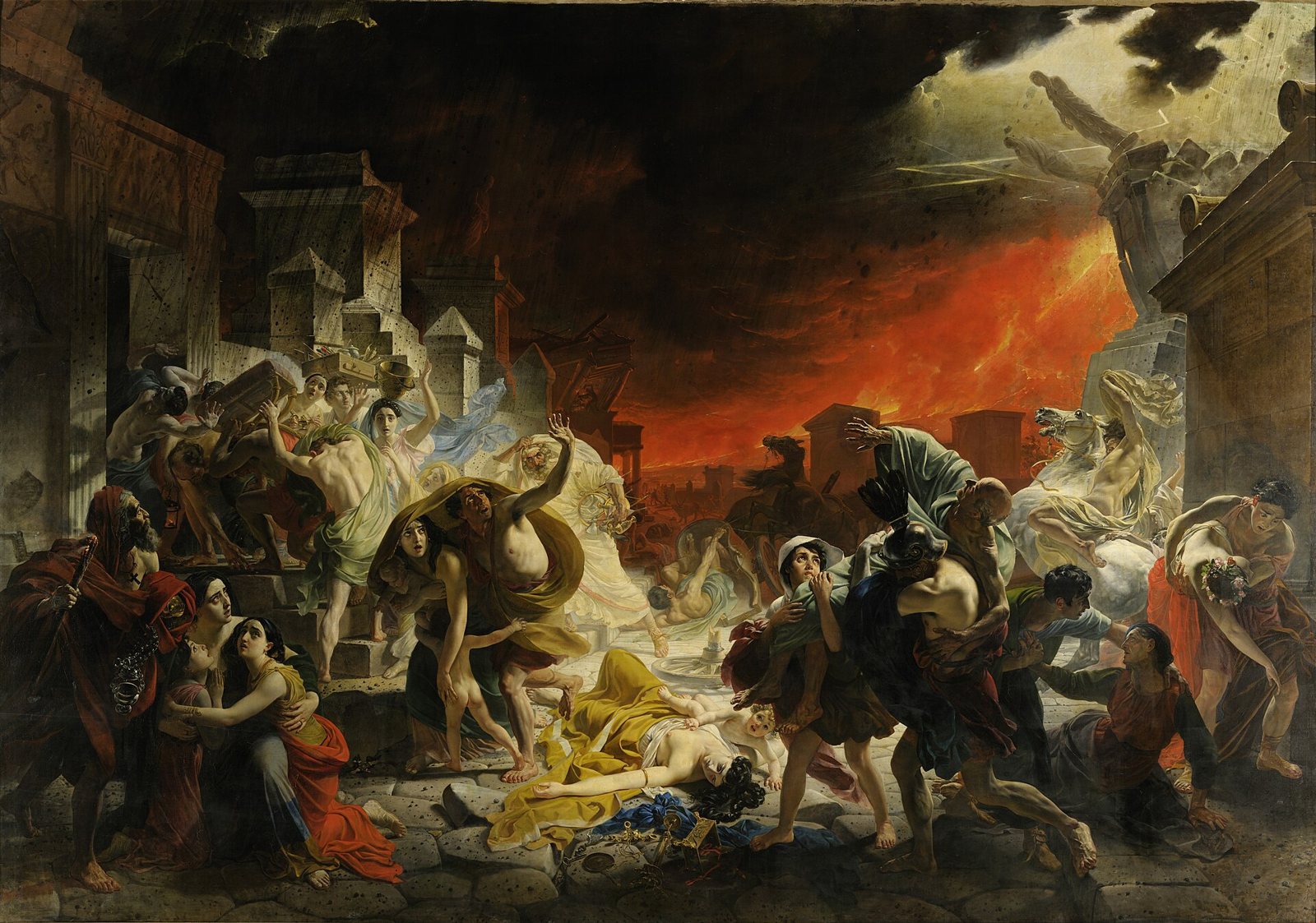 A large painting of the eruption: a crowd flees through a street of collapsing columns and statues under a dark sky lit red by a glow on the right