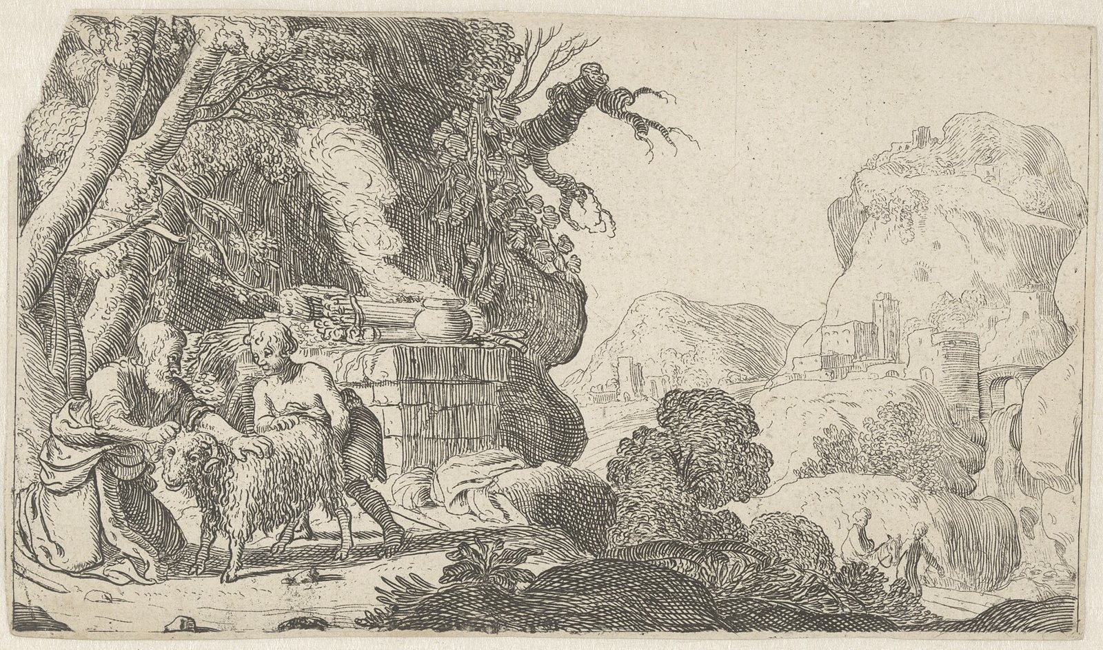Etching of two figures beside a stone altar in a rocky landscape, one of them holding a ram, with ruins in the distance