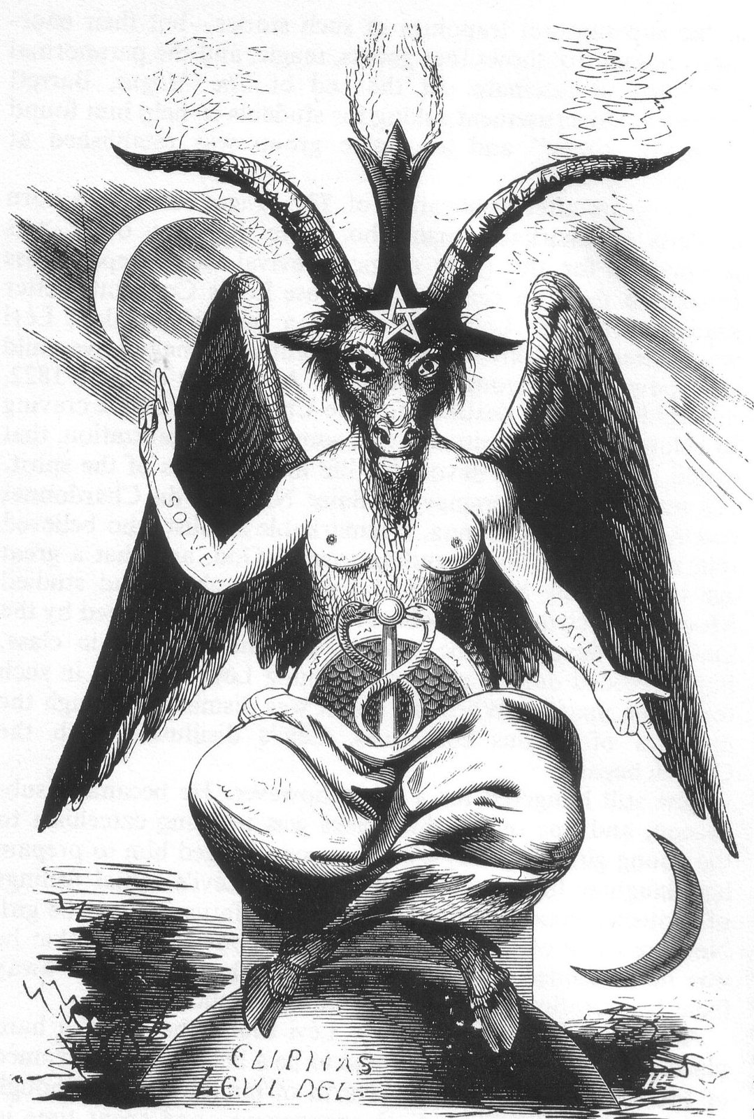 Black-and-white drawing of a winged, goat-headed figure seated cross-legged on a globe, with a torch between the horns and a crescent moon on each side