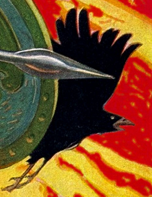 Un cuervo negro con el pico abierto y las alas extendidas sobre un fondo de llamas rojas y amarillas, junto a una punta de lanza y un escudo redondo