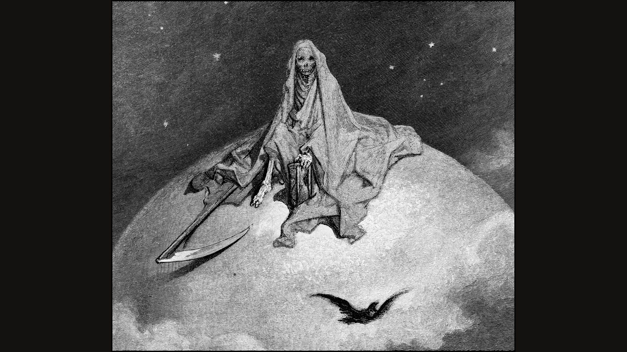 Grabado de Gustave Doré de una figura esquelética y amortajada de la Muerte con guadaña, sentada sobre un globo entre las estrellas, mientras un cuervo vuela debajo