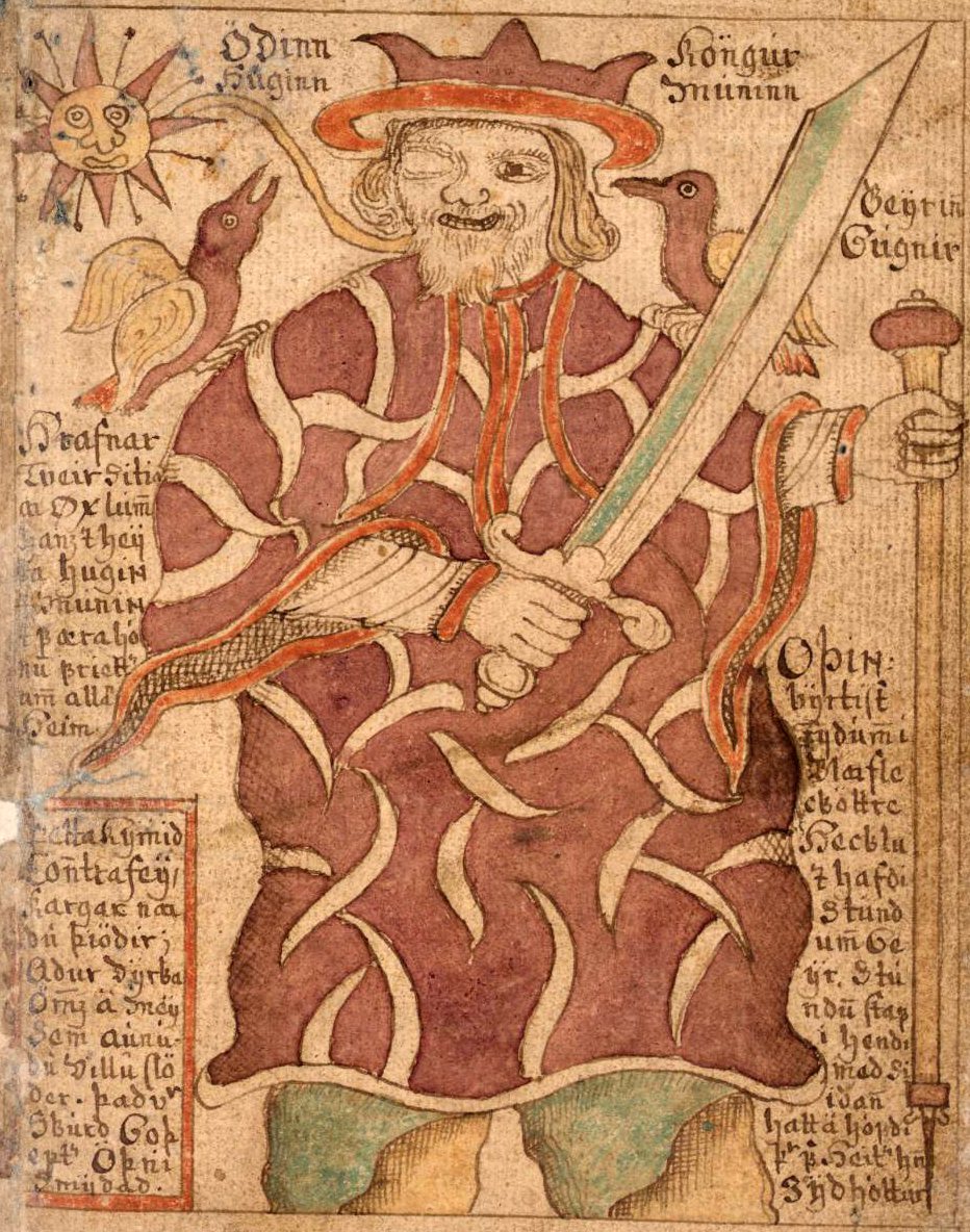 Una pintura de manuscrito de Odín con túnica y sombrero rojos, espada y bastón, un cuervo junto a cada hombro, un sol con rostro arriba a la izquierda y texto islandés a su lado