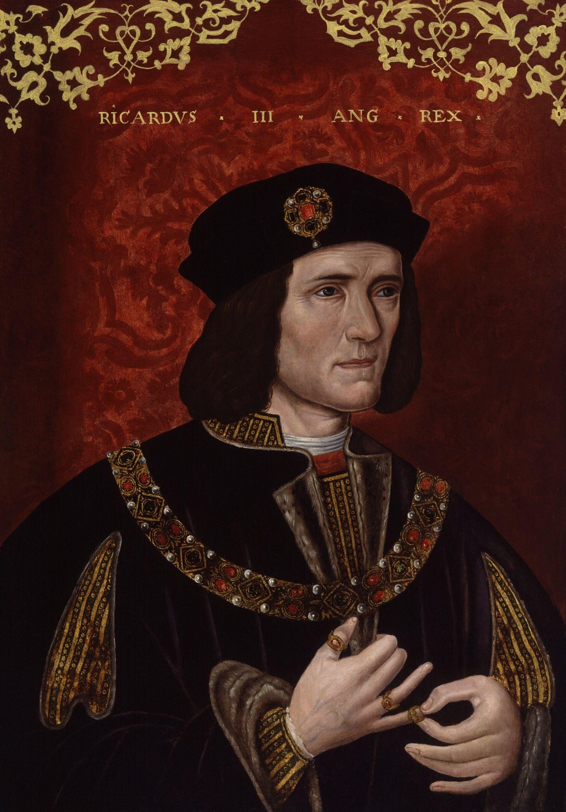 Painted portrait of King Richard III, a pale man in a dark cap and dark robe with a gold chain, holding a ring on one finger, against a red background lettered Ricardus III Ang Rex