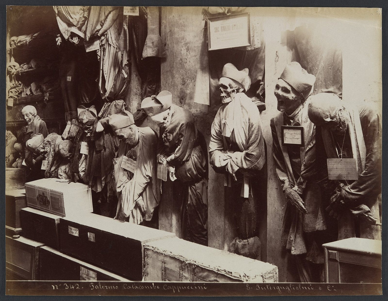 A sepia photograph from about 1895 of clothed bodies standing in wall niches of the Capuchin Catacombs, each with a small label, beside rows of closed coffins