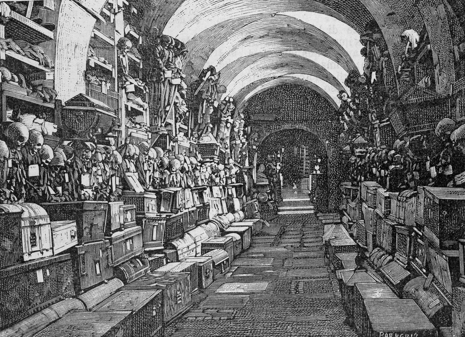 A black-and-white woodcut of a long vaulted corridor in the Capuchin Catacombs, with shelves and niches along both walls and figures standing in the distance