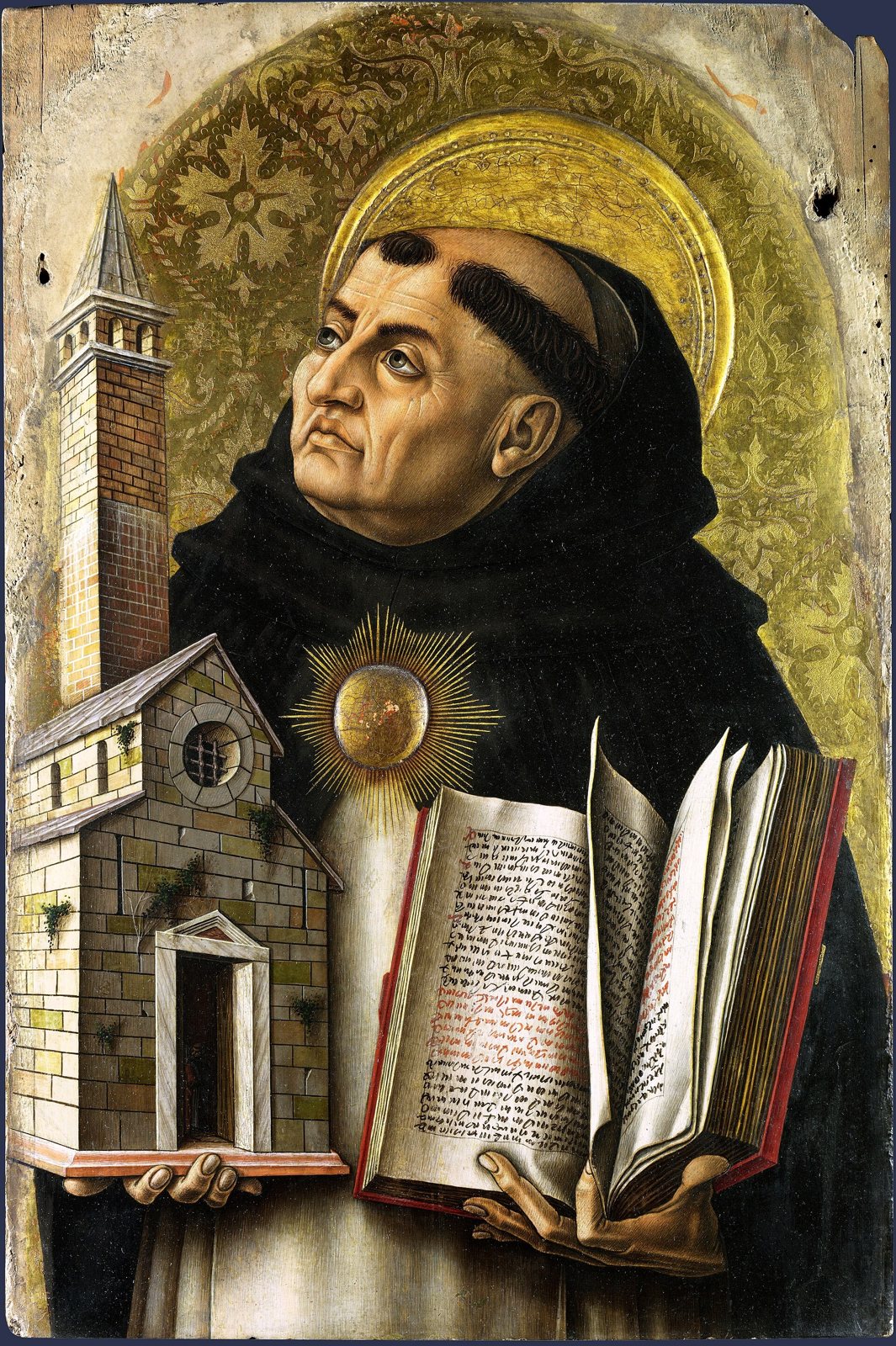 Carlo Crivelli's painting of Saint Thomas Aquinas in a black Dominican habit with a gold halo, holding an open book and a small model of a church, with a golden sun on his chest