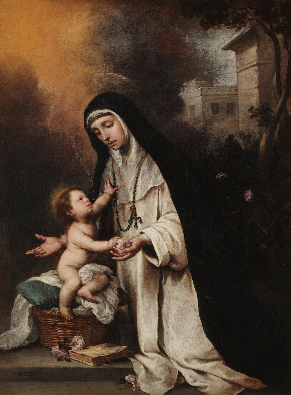 Murillo's painting of Saint Rose of Lima in a white Dominican habit and dark veil, kneeling beside a sewing basket where the Christ Child sits on a cushion and reaches toward her