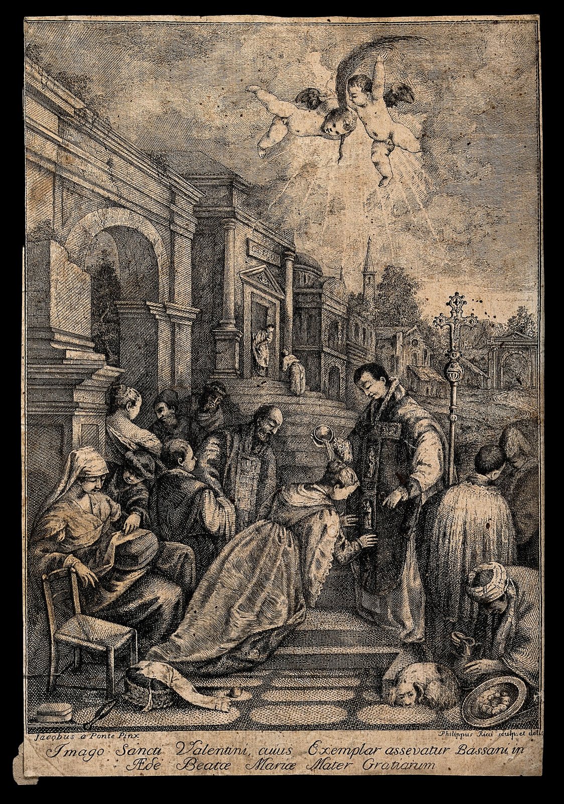 An engraving of a priest in vestments standing at the right of a crowded classical courtyard, reaching toward a kneeling young woman among onlookers, as a cherub descends in a beam of light above