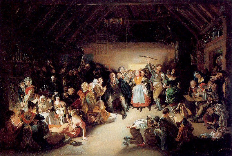Daniel Maclise's painting of a Halloween party in a timbered cottage: a crowd of men, women and children lit by lamps and firelight, with a couple dancing at the centre