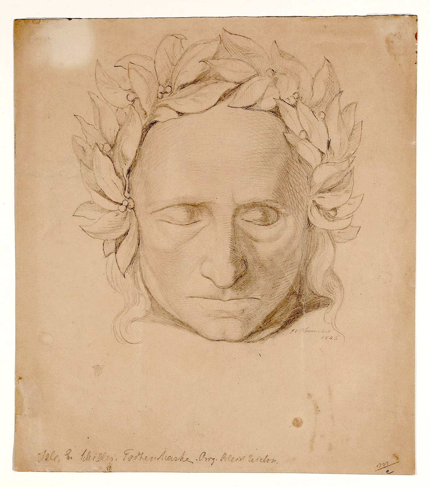 A pen and pencil drawing on tan paper of a face with closed eyes, wreathed in laurel leaves, copied from Friedrich Schiller's death mask