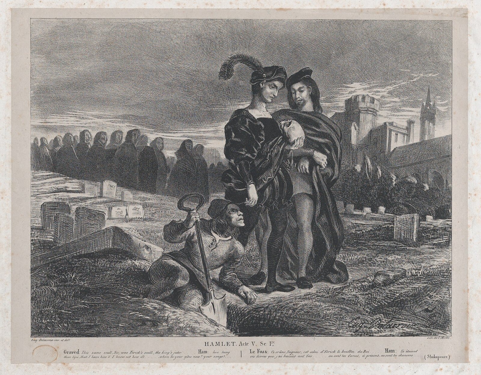 A lithograph of Hamlet and Horatio in a graveyard at dusk, with a gravedigger in the open grave at their feet and a line of mourners behind
