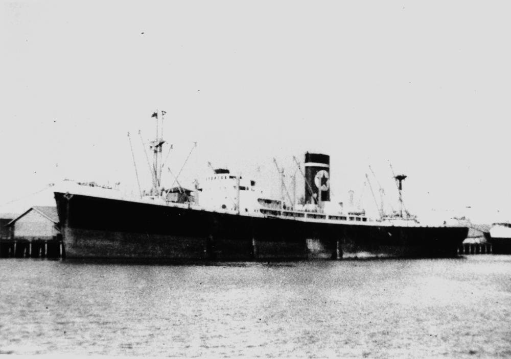 A black and white photograph of the Blue Star Line cargo ship Dunedin Star, a long dark-hulled vessel with one funnel and masts, moored beside a wharf