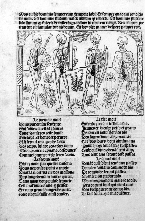 A printed book page with four skeletons playing instruments under a stone arch, above two columns of old French verse, in black and white