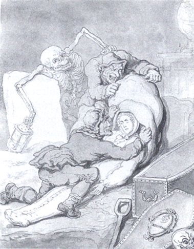 A drawing in grey wash: a skeleton holding a lantern looms over two men hauling a limp body, with a coffin and a spade beside them