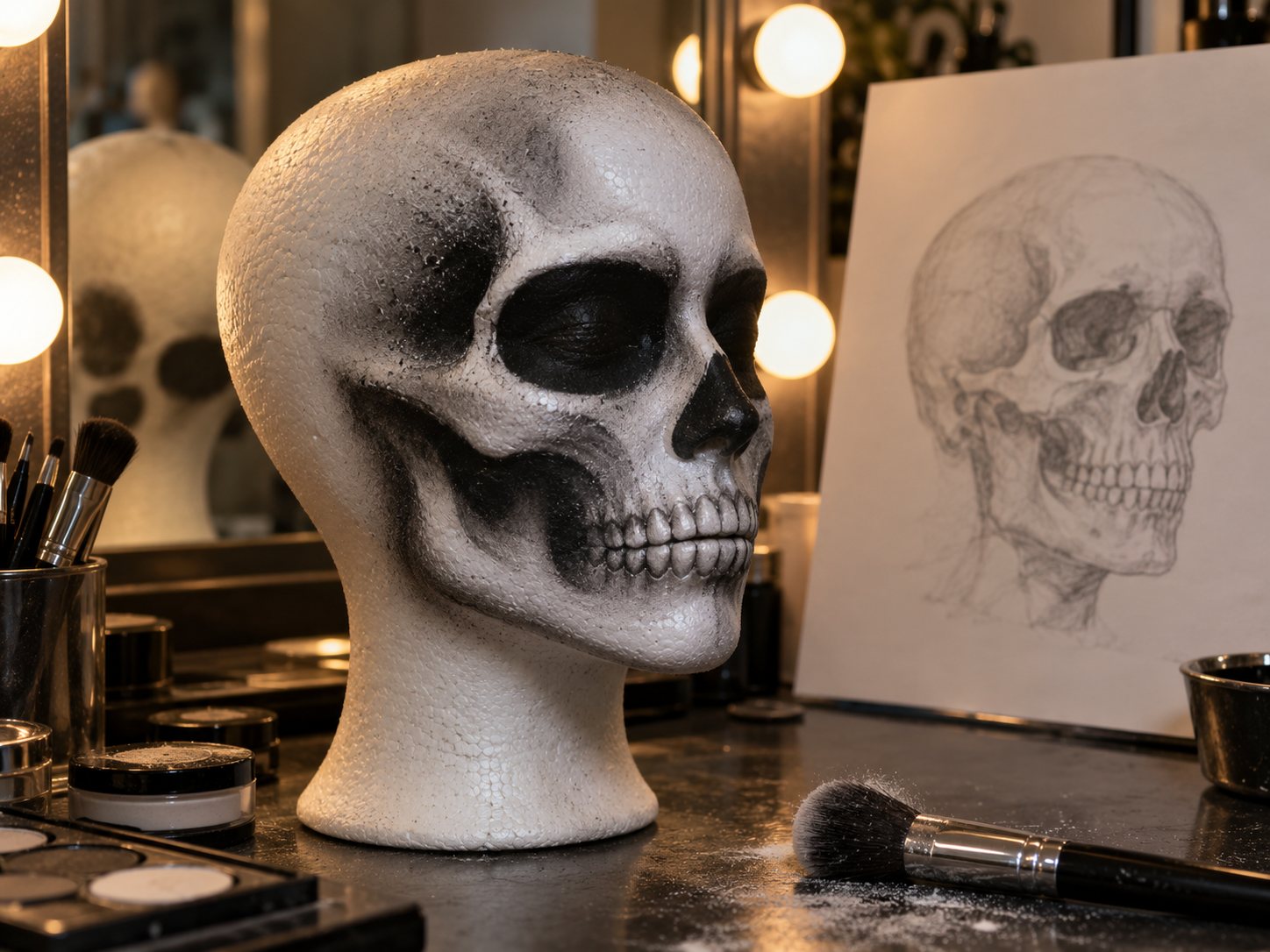 Illustration: Mannequin head painted as a skull with blended grey and black shading under the cheekbones and along the jaw and white highlights on the cheekbones and brow, beside a pencil drawing of a skull
