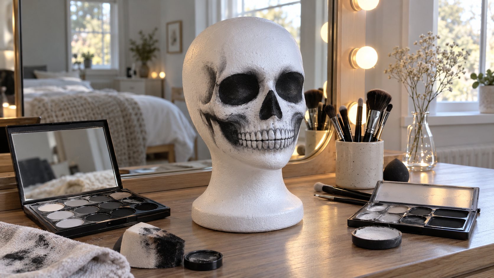 Illustration: White styrofoam mannequin head painted with a black and white skeleton face on a tidy vanity, surrounded by face paint palettes, brushes and sponges, with a mirror reflecting the room