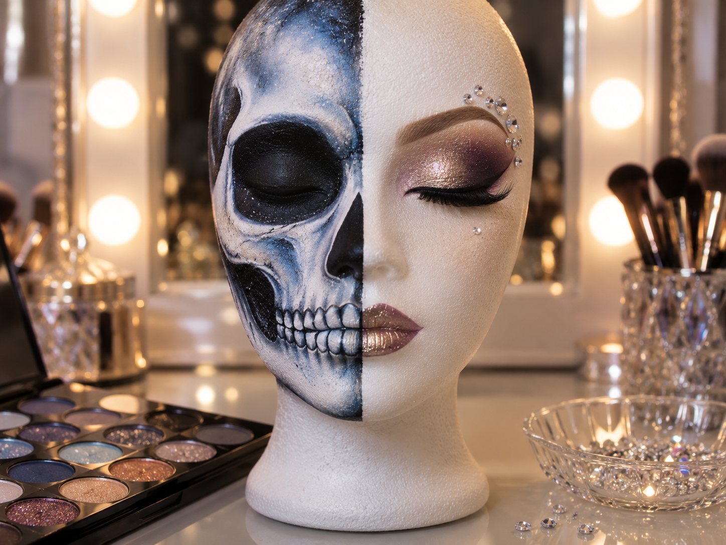Illustration: Mannequin head in a half-skull look, one side a blue, white and black skull with drawn teeth and the other side a shimmering glam eye with gems and lashes, beside a shadow palette and a dish of gems