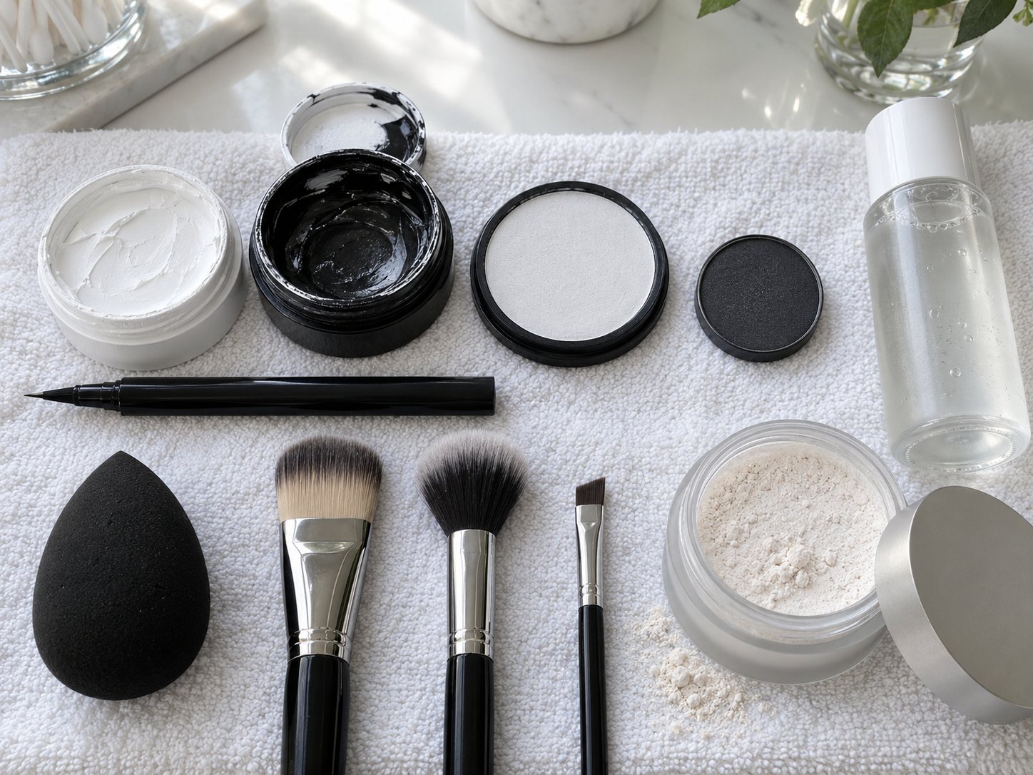 Illustration: Flat lay on a white towel of white and black cream face paint, a water-activated paint cake, eyeliner, dark eyeshadow, a sponge, brushes, setting powder and a remover bottle