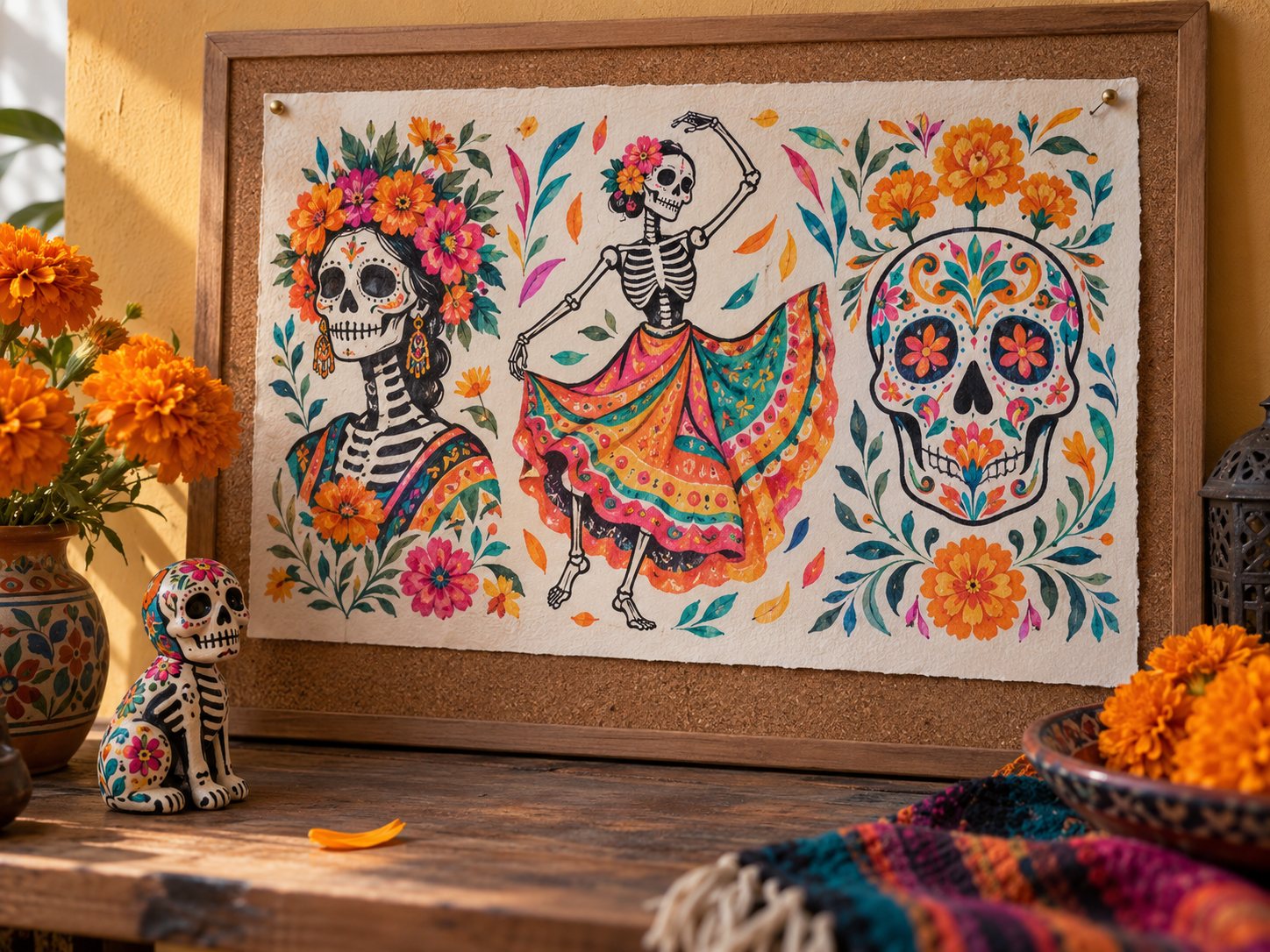 Illustration: Hand painted flash sheet of calaca skeleton designs, a skeleton in a flower crown, a dancing calaca and a marigold patterned skull, beside a painted clay calaca figurine and orange marigolds