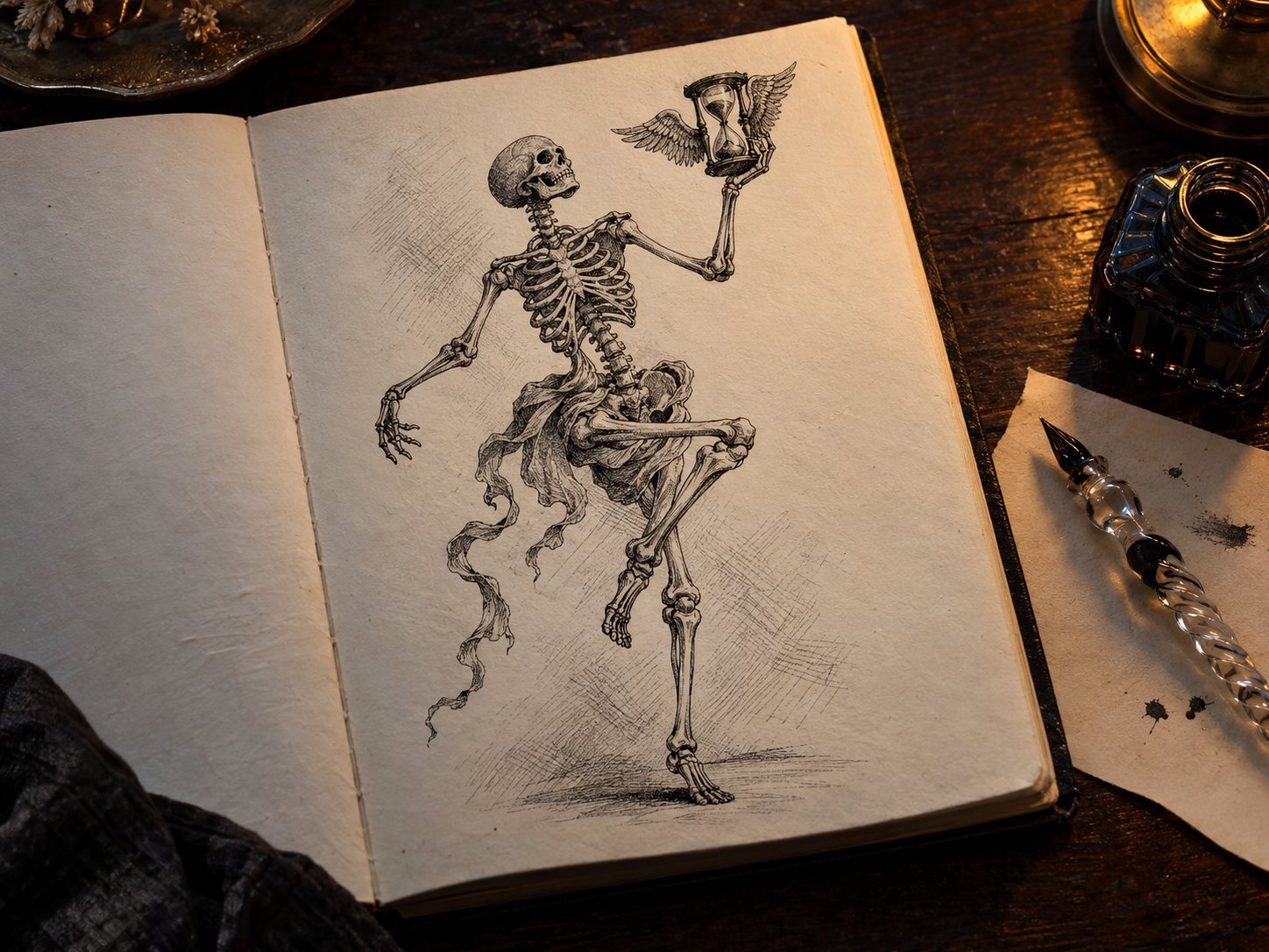 Illustration: Open sketchbook with a fine ink engraving style drawing of a dancing skeleton holding a small winged hourglass, beside a glass dip pen, a pot of black ink and a blotting sheet