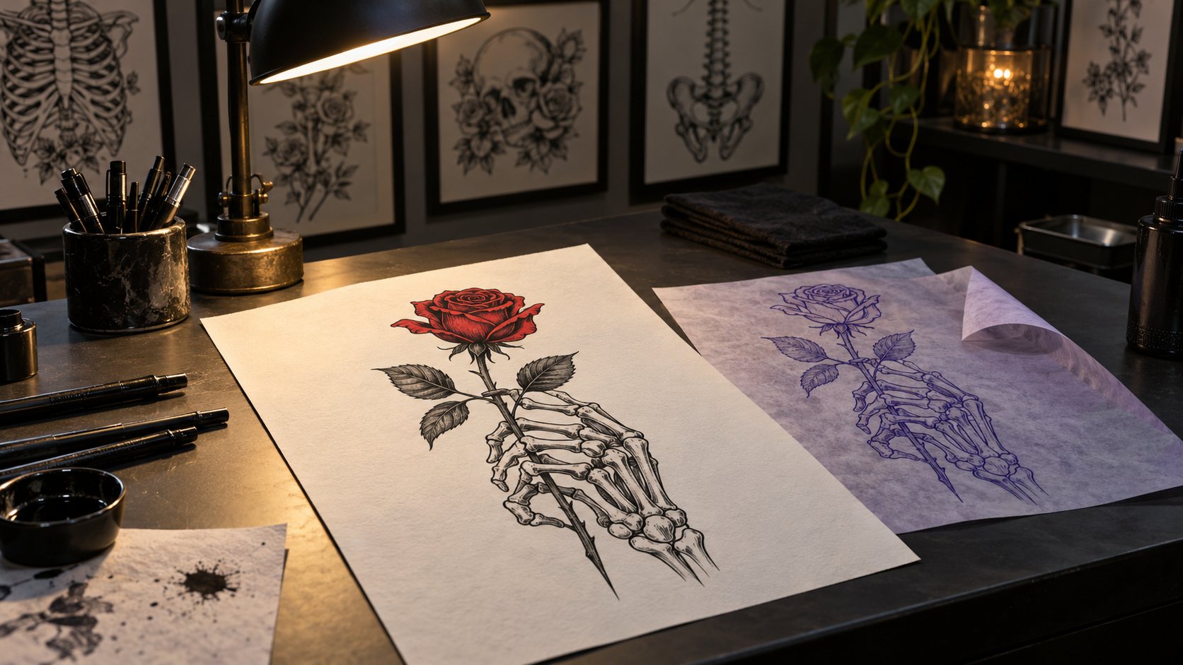 Illustration: Tattoo studio drawing table with an ink drawing of a skeleton hand holding a rose, a matching purple stencil, fine pens and a desk lamp, with framed skeleton flash on the wall behind
