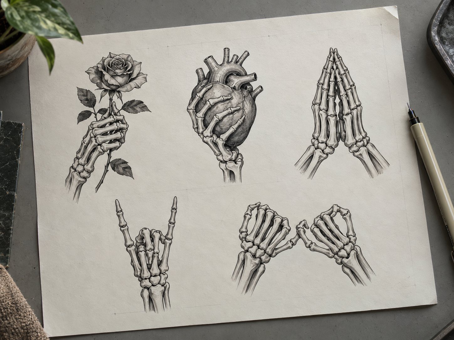 Illustration: Flash sheet with a grid of drawn skeleton hand designs: a bony hand holding a rose, one holding a heart, praying bony hands, a horns gesture and two bony hands linked by the little fingers