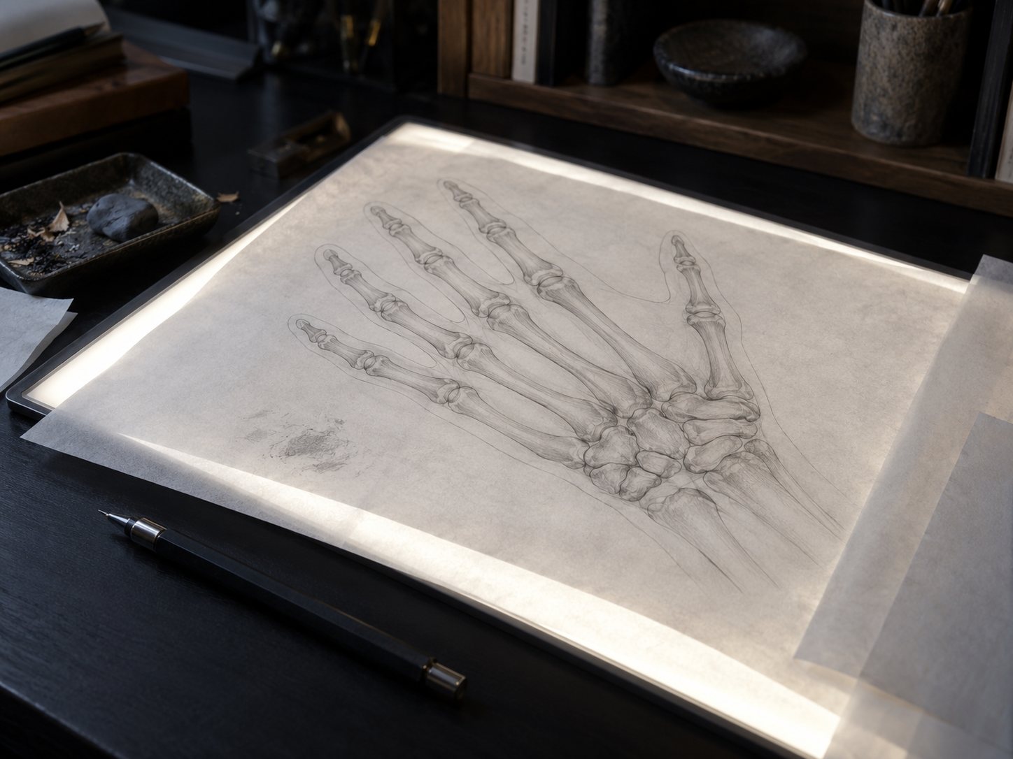 Illustration: Glowing lightbox on a studio desk with a translucent stencil of an anatomical drawing of hand bones as if seen through skin, with a mechanical pencil beside it