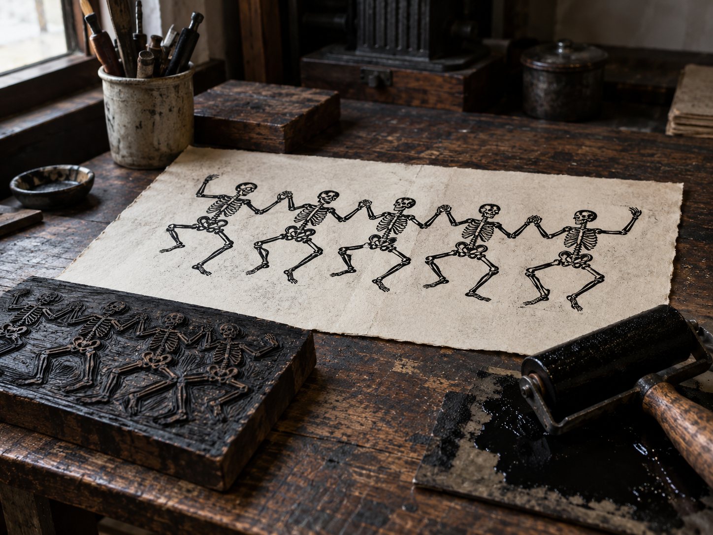 Illustration: Old style woodcut print on aged paper of a line of simple skeletons dancing, laid on a dark wooden table beside a carved woodblock and an ink brayer