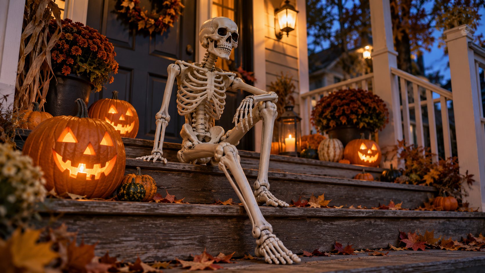 Illustration: Life size plastic Halloween skeleton seated on a wooden porch step among carved pumpkins, gourds and autumn leaves under a glowing lantern at dusk