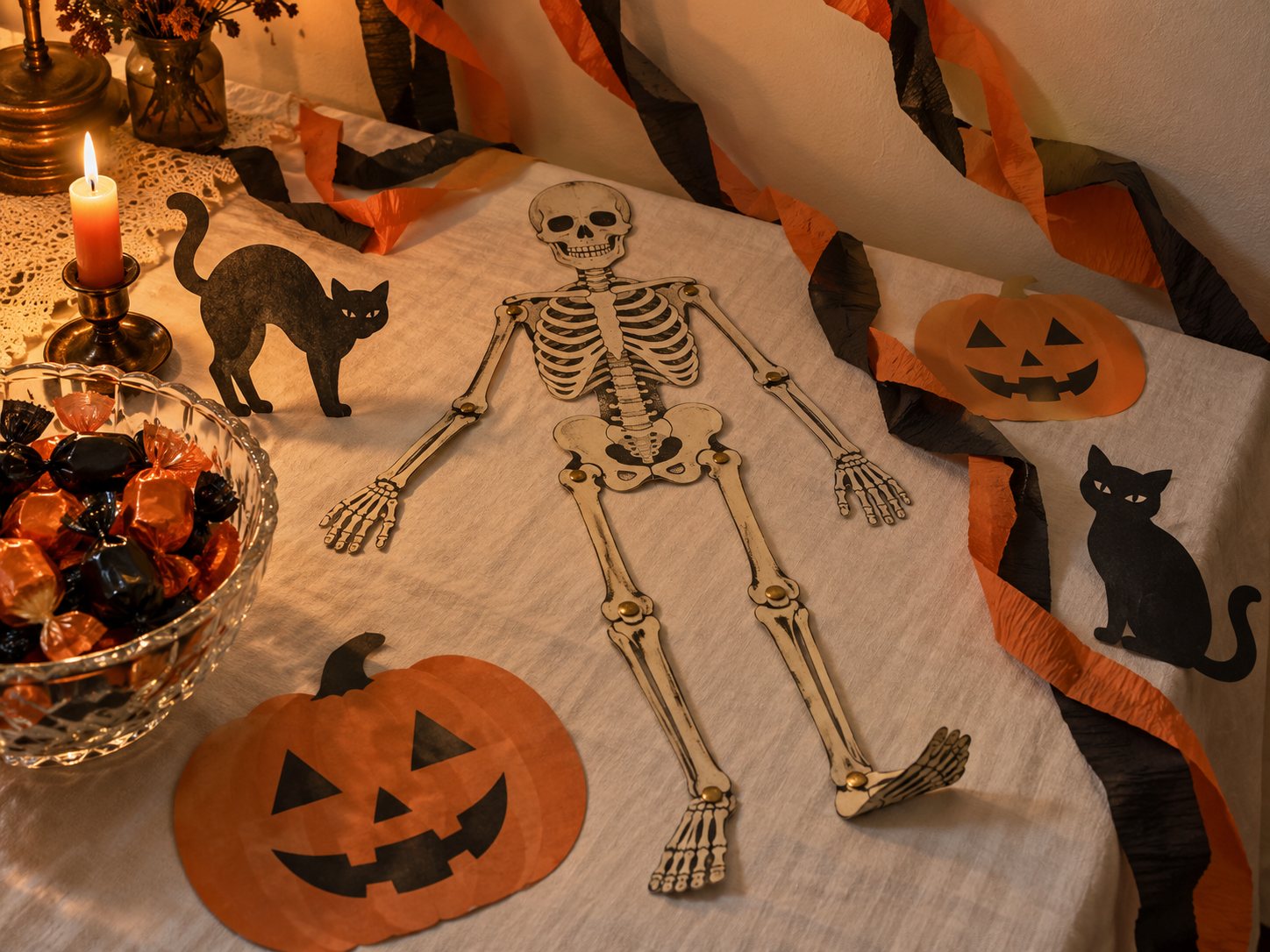 Illustration: Jointed die cut paper skeleton lying on a party table beside orange and black crepe paper streamers, paper cutout cats and pumpkins, a bowl of wrapped candy and a lit candle