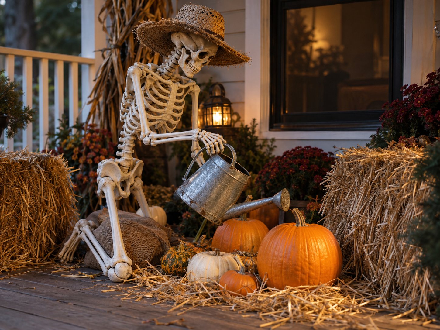 Illustration: Plastic skeleton posed as a gardener kneeling in a small pumpkin patch with a watering can and straw hat, beside hay bales with a sandbag weighting the display