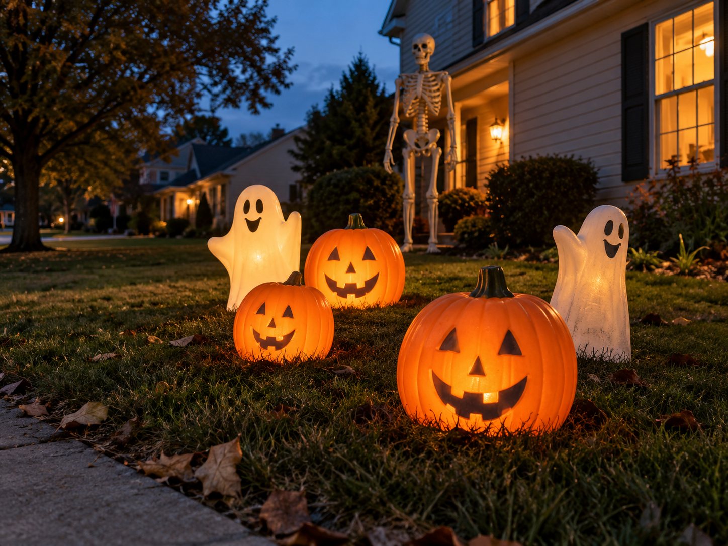 Illustration: Front yard at dusk with glowing hollow plastic blow mold pumpkins and ghosts on the lawn and a giant yard skeleton standing behind them near the house