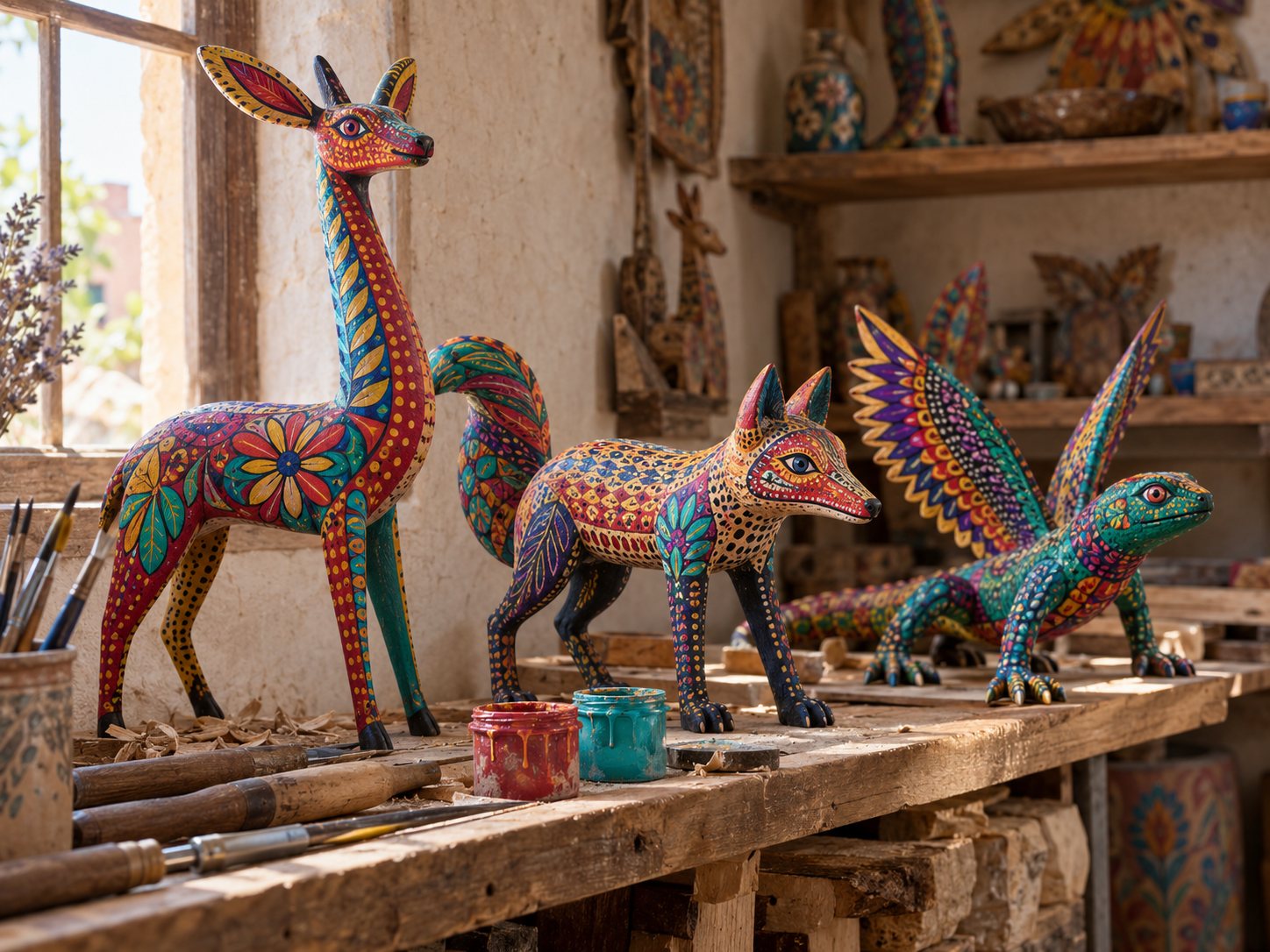 Illustration: Workshop shelf of carved and painted wooden alebrije animals in dotted and striped patterns beside carving knives and paint pots