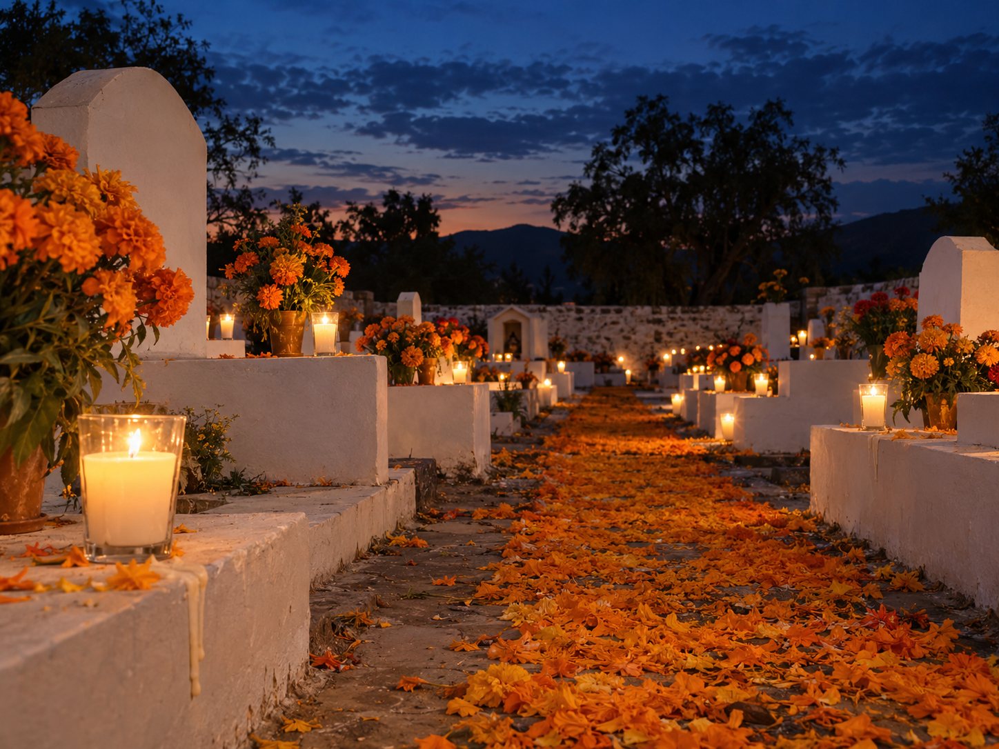 Illustration: Cemetery path strewn with orange marigold petals between plain whitewashed graves with candles and marigold bouquets at dusk