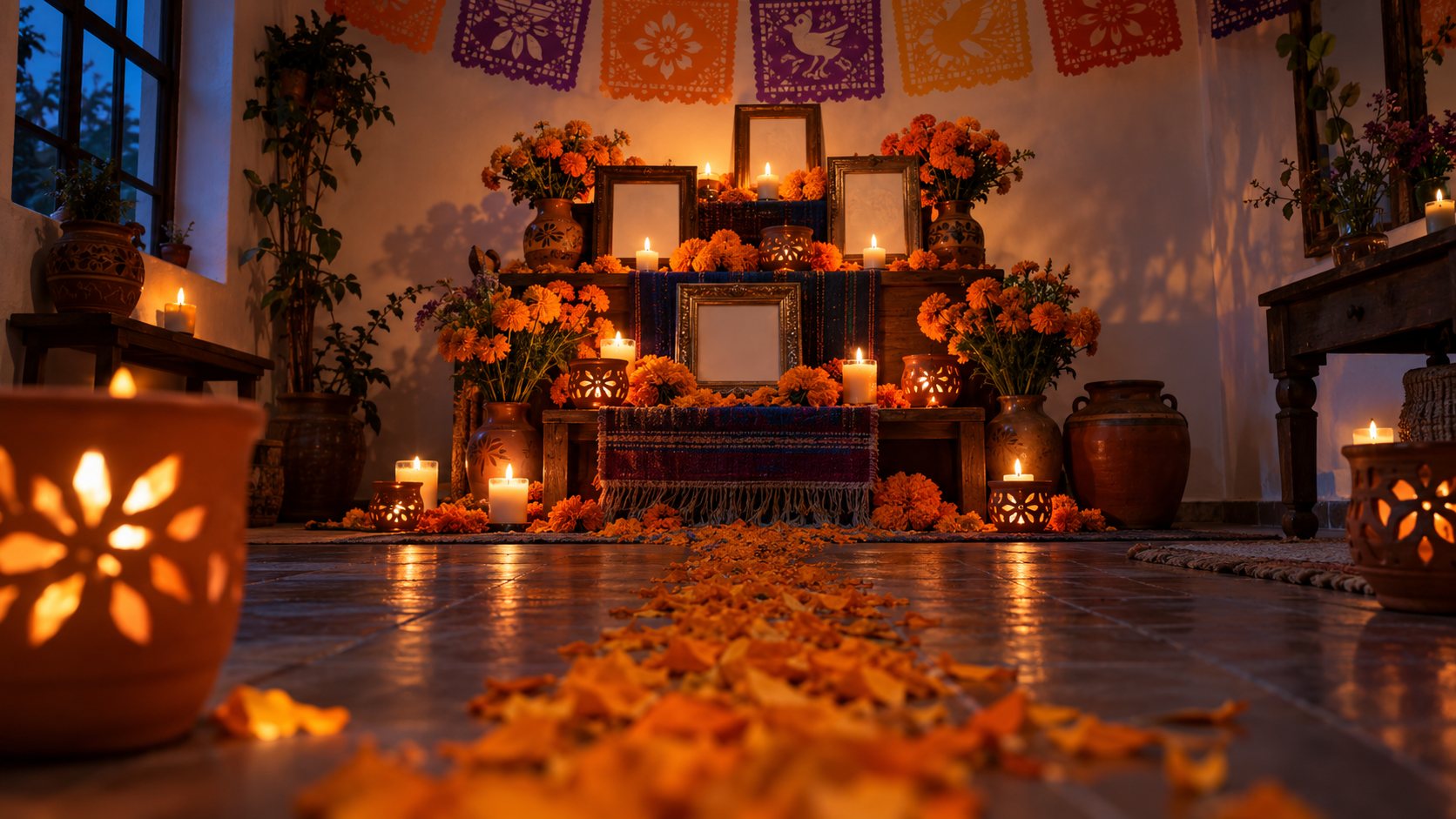 Illustration: Stepped family ofrenda with marigold petals, turned-away photo frames, cut paper banners and lit candles in clay holders at dusk