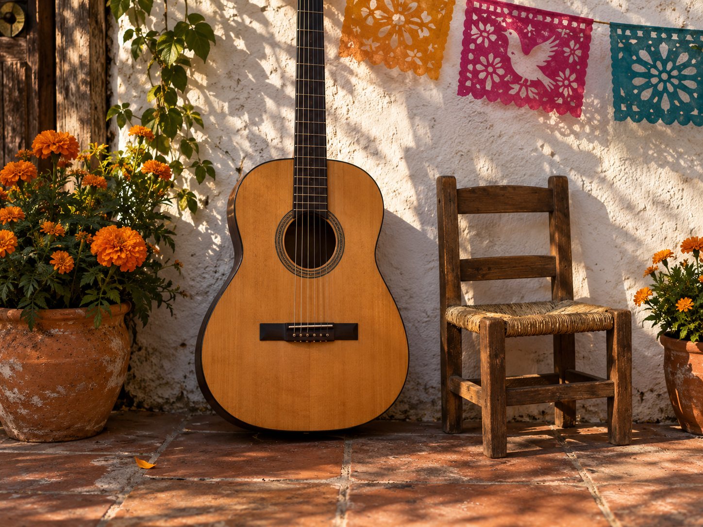 Illustration: Wooden acoustic guitar leaning on a whitewashed courtyard wall beside a small chair, potted marigolds and cut paper banner