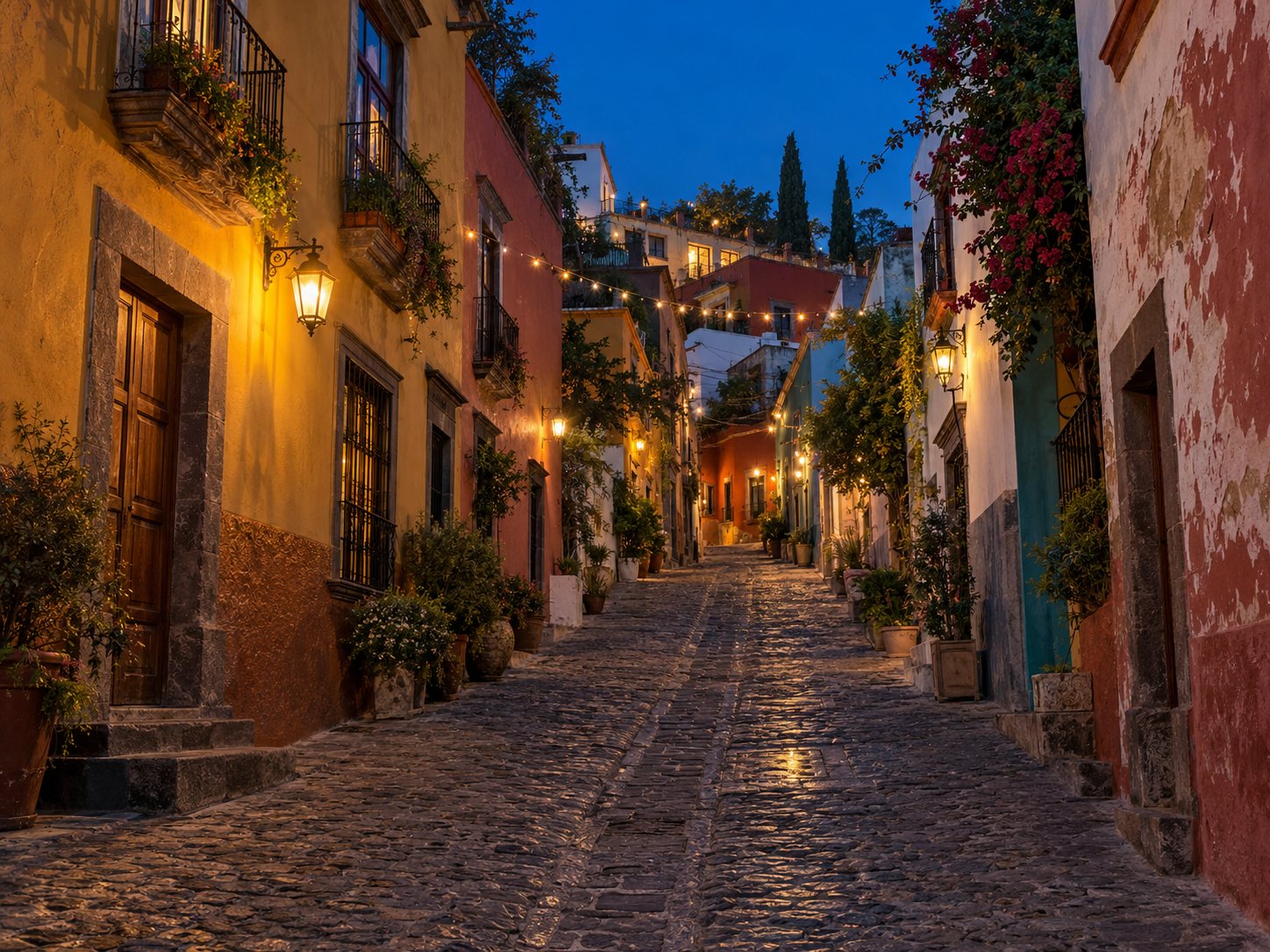 Illustration: Empty cobbled lane climbing a hillside town at blue hour with stacked colorful houses, iron balconies and string lights