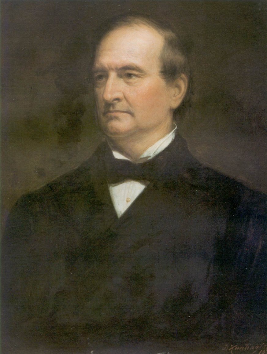 Oil portrait of Alphonso Taft, a balding man with grey hair, in a black coat, white shirt and black bow tie against a dark background