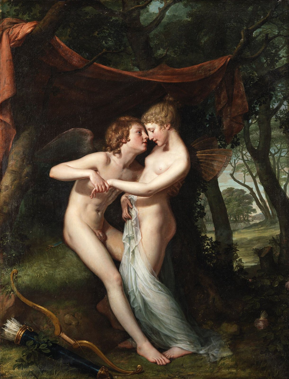 Hugh Douglas Hamilton's painting of Cupid and Psyche embracing in a wooded bower under a draped red cloth, Psyche with delicate butterfly wings, a bow and quiver on the ground