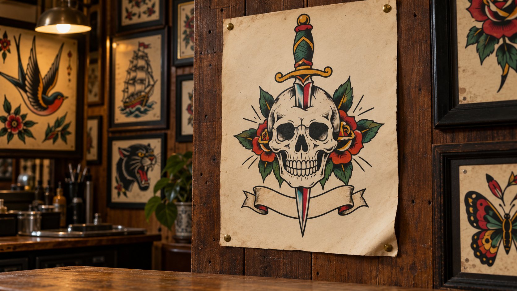Illustration: Hand-painted tattoo flash of a skull with a dagger driven down through it and an empty banner beneath, pinned to a wooden wall in an old-school tattoo studio