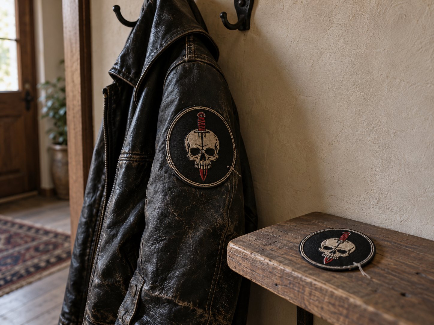 Illustration: Worn black leather jacket on an iron wall hook with a round embroidered skull and dagger patch on the sleeve and a matching loose patch on a shelf below
